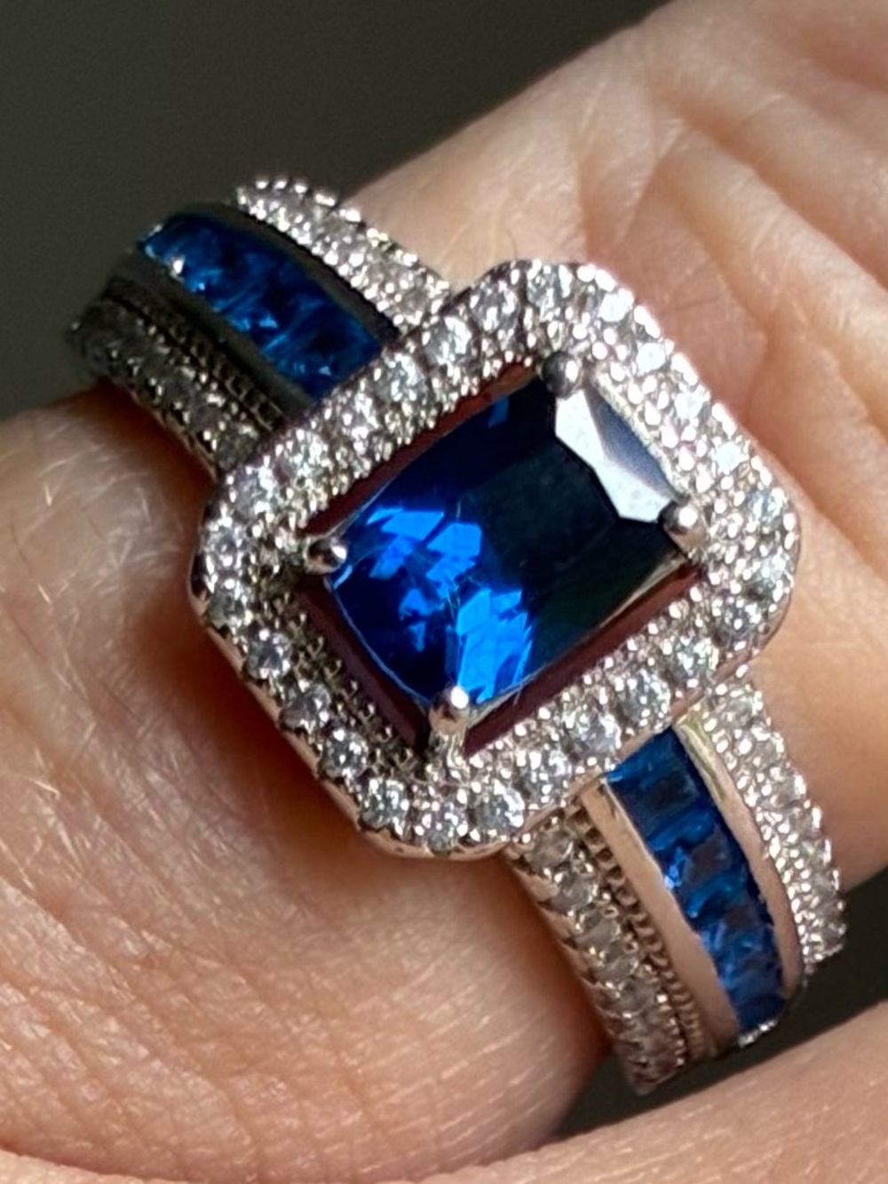 Blue Halo Silver Ring with Square Center Stone